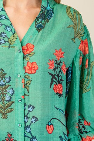 Floral Balloon Sleeve Button-Down Blouse