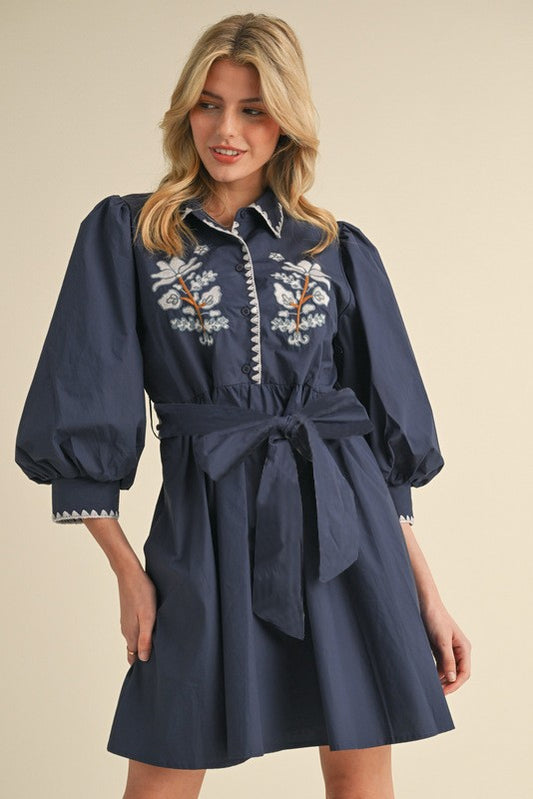 Embroidery Belted 3/4 Sleeves Dress