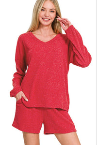 Brushed Ribbed Hacci V-Neck Tee & Short Set