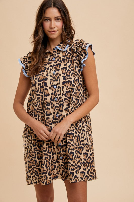 Leopard Print Ruffle Sleeve Mini Dress