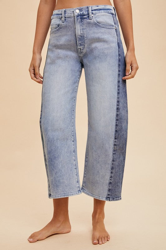 Two Tone Side Panel Barrel Jeans