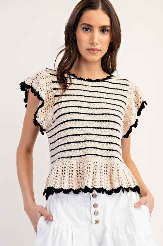 Striped Flutter Sleeve Sweater Top
