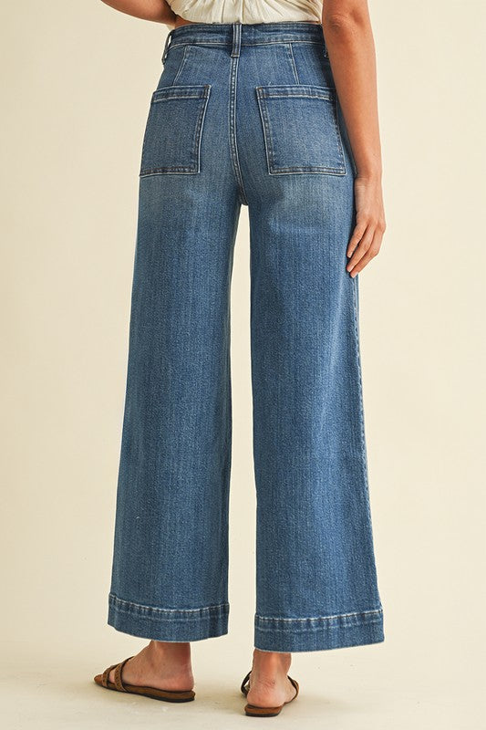 Stretch High Rise Pin Tuck Wide Leg Jean