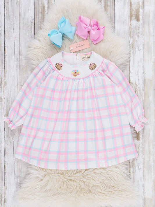 Plaid Smocked Embroidered Pumpkins & Turkey Dress
