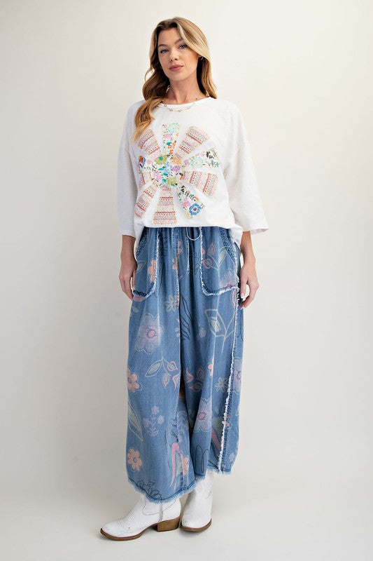 Flower Print Chambray Pants