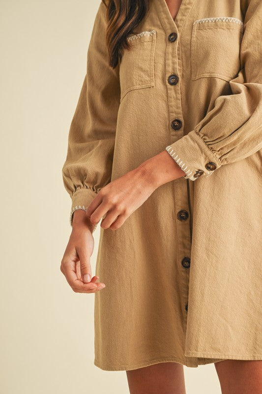 Blanket Stitch Button Down Twill Dress