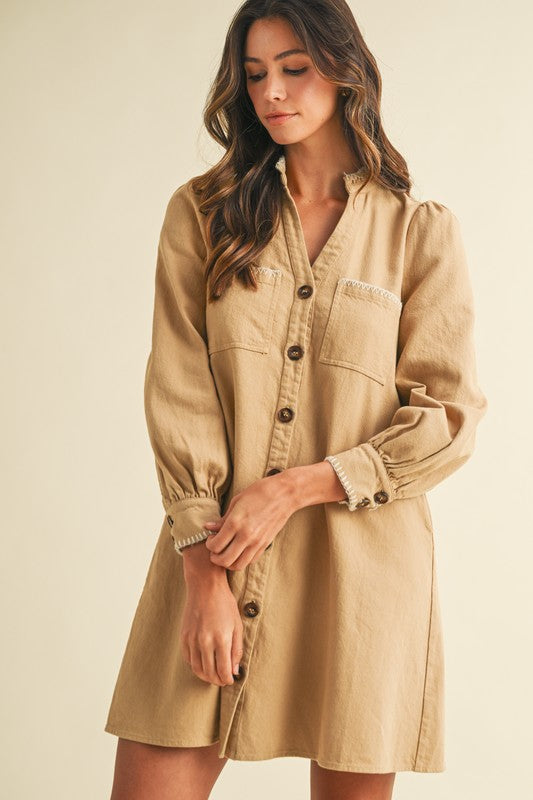 Blanket Stitch Button Down Twill Dress
