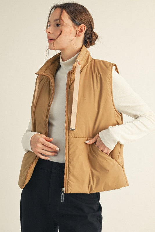 Drawstring High Neck Puffer Vest