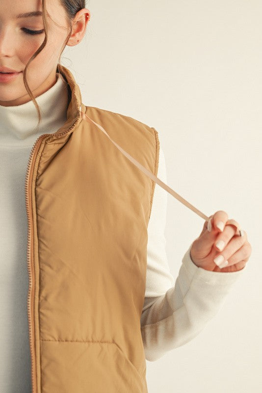Drawstring High Neck Puffer Vest