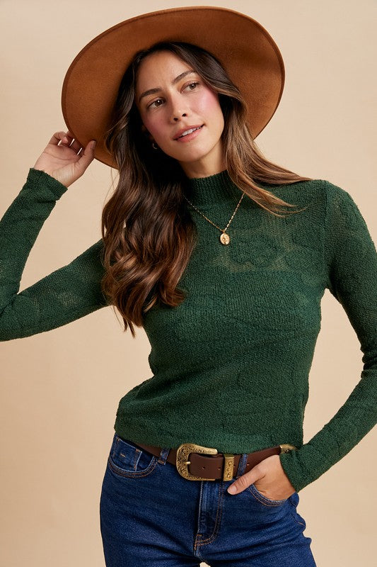 Floral Jacquard Textured Mock Neck Top