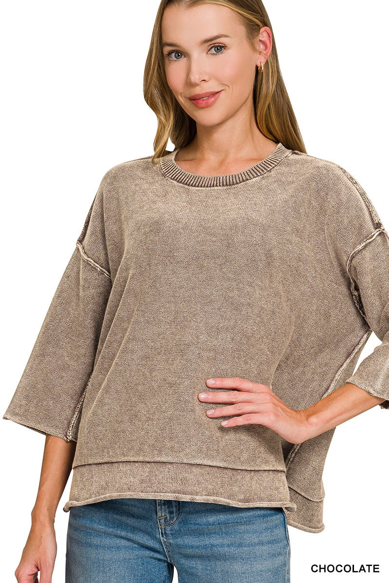 Washed 3/4 Sleeve Boxy Sweater Top