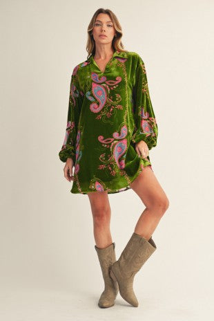 Paisley Print Velvet Dress