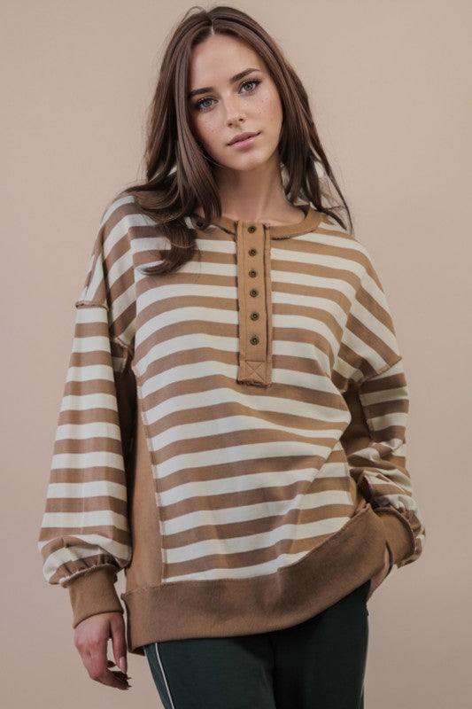 Oversized Striped Half Button Down Top