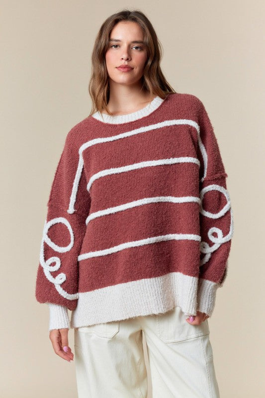 Cord Stripe & Bow Detailed Sweater