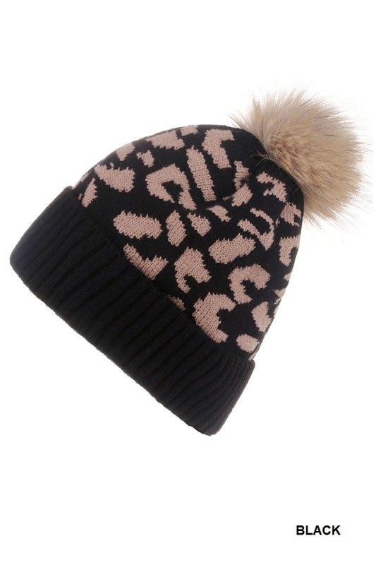 Leopard Knit Pom Pom Beanie