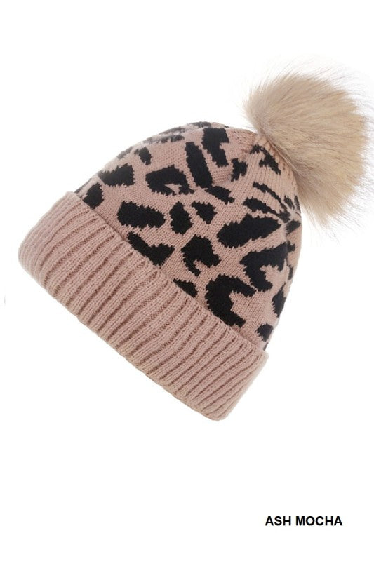 Leopard Knit Pom Pom Beanie