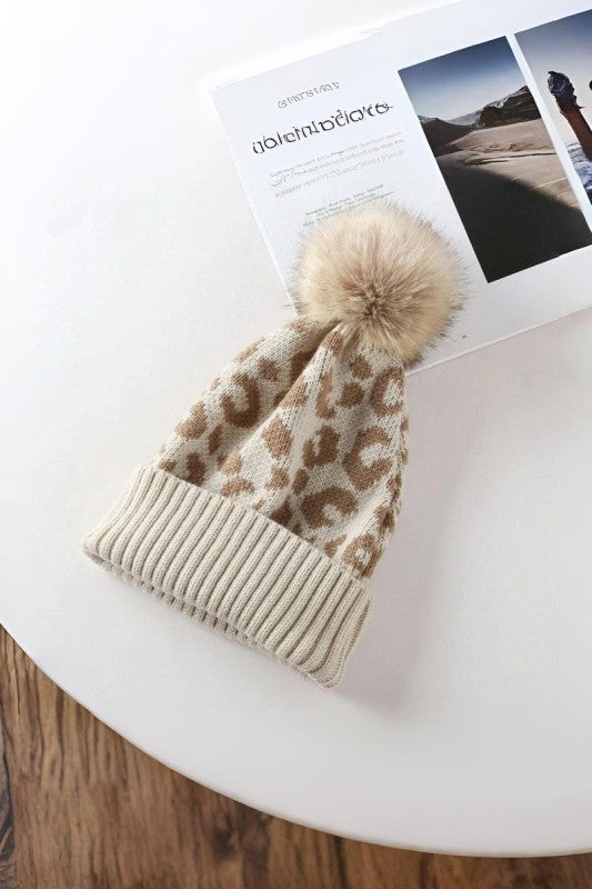 Leopard Knit Pom Pom Beanie