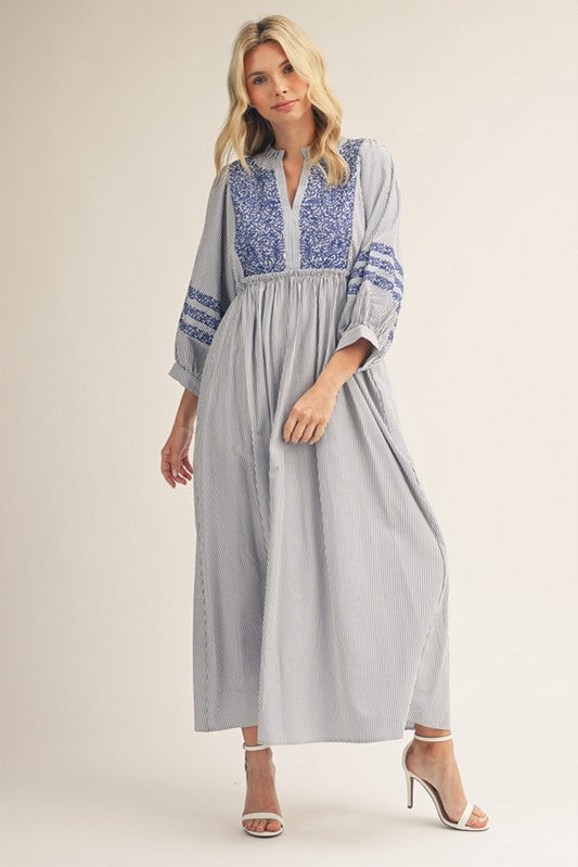 Embroidered Stripe Midi Dress