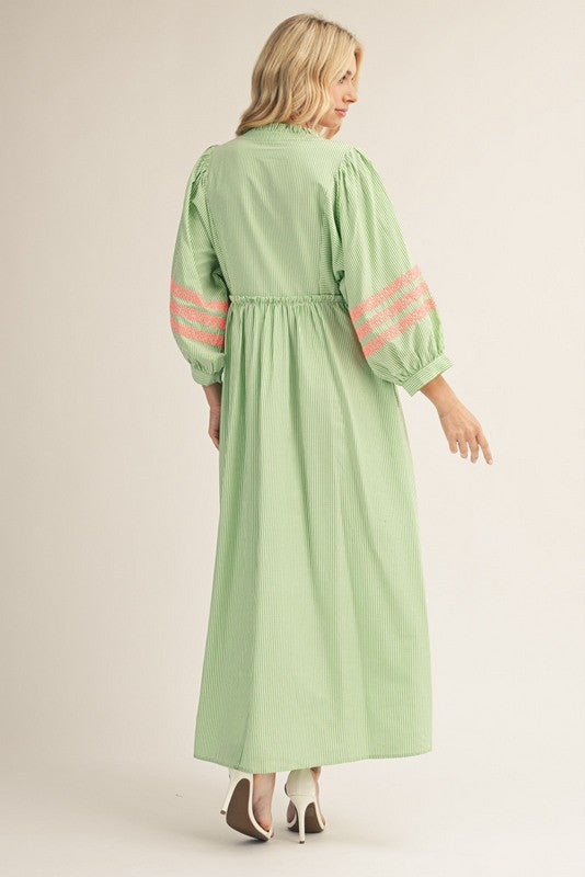 Embroidered Stripe Midi Dress