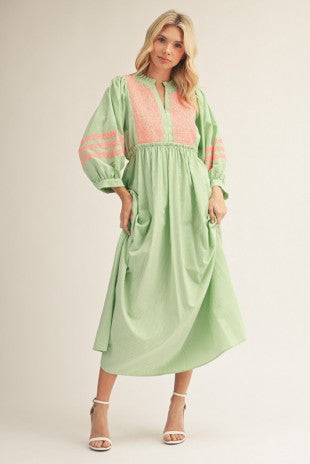 Embroidered Stripe Midi Dress