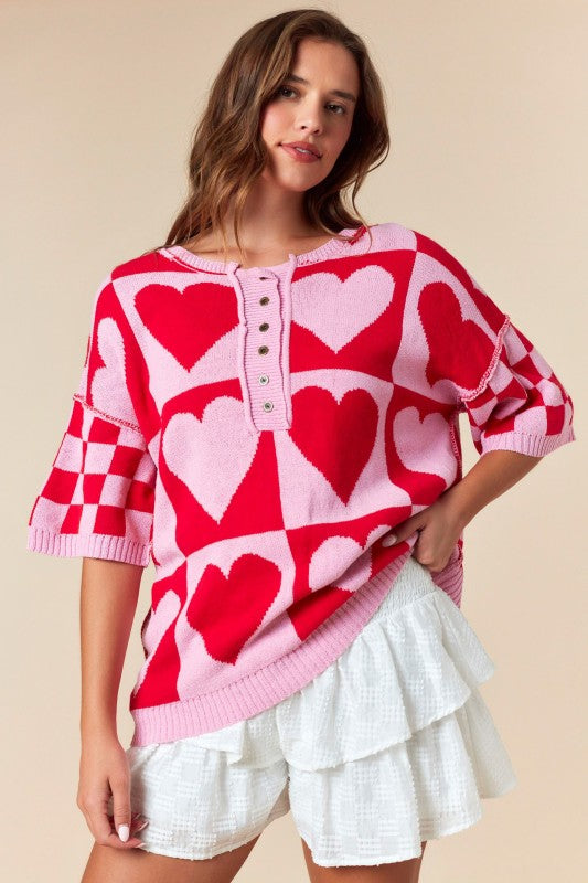 Checker Heart Colorblock Knit Top