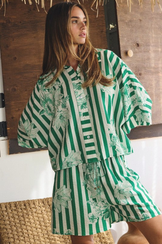 Striped Floral Printed Shirt & Short Set