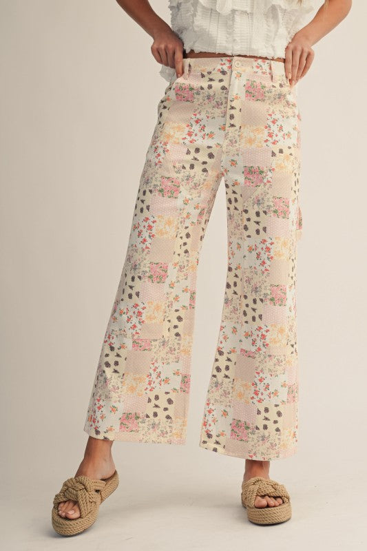 Pastel Floral Patchwork Wide Leg Pants