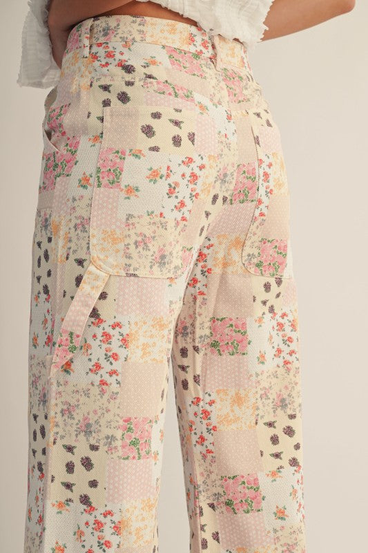 Pastel Floral Patchwork Wide Leg Pants
