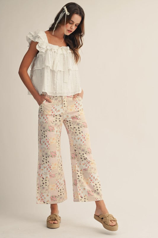 Pastel Floral Patchwork Wide Leg Pants