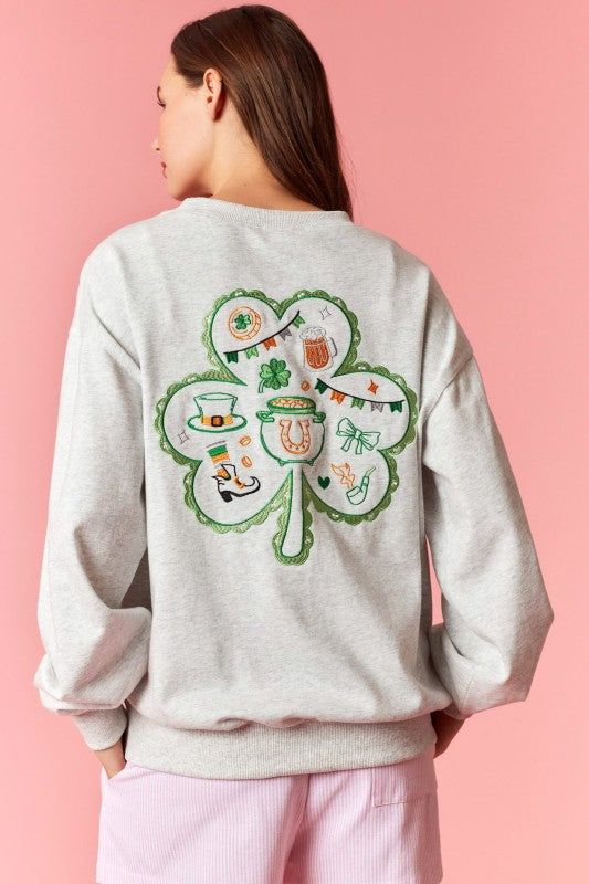 Front Bow Embroidery Lucky Clover Sweatshirt