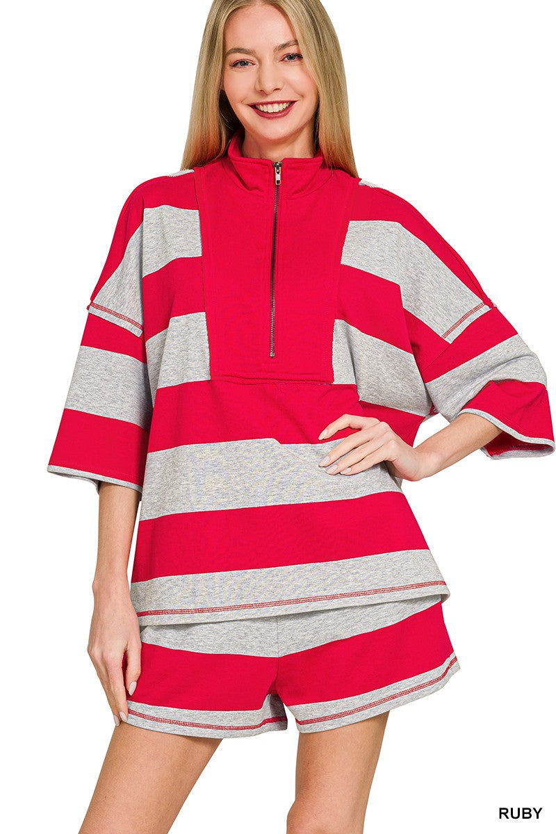 French Terry Striped Half Zip Set