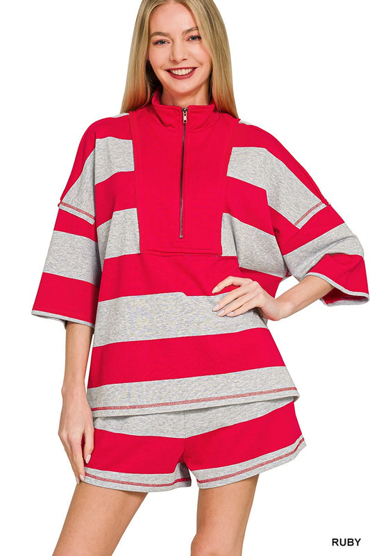 French Terry Striped Half Zip Set