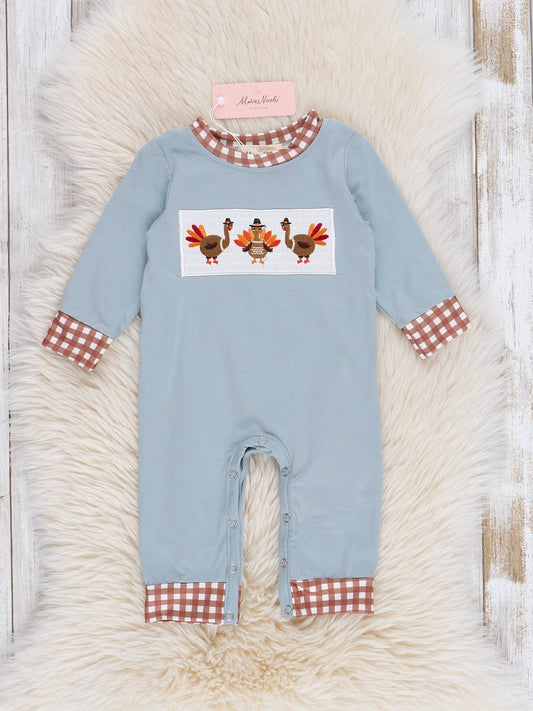 Dusty Blue & Brown Gingham Smocked Turkeys Romper