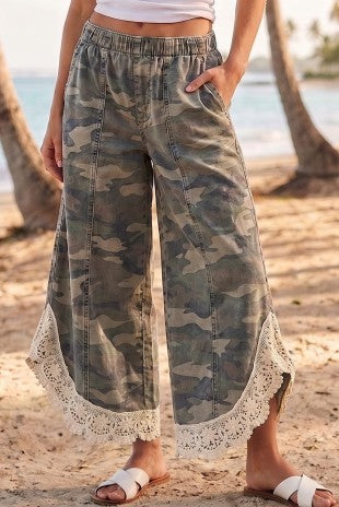 Camo wide-leg pants with lace hem detail and elastic waistband