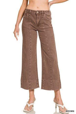 Mid Rise Wide Leg Cropped Denim Pants
