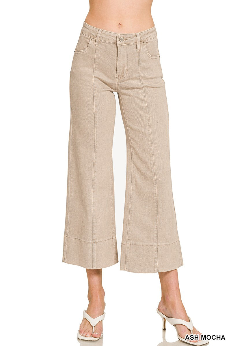 Mid Rise Wide Leg Cropped Denim Pants
