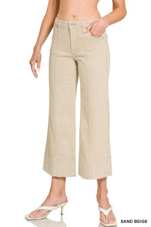 Mid Rise Wide Leg Cropped Denim Pants