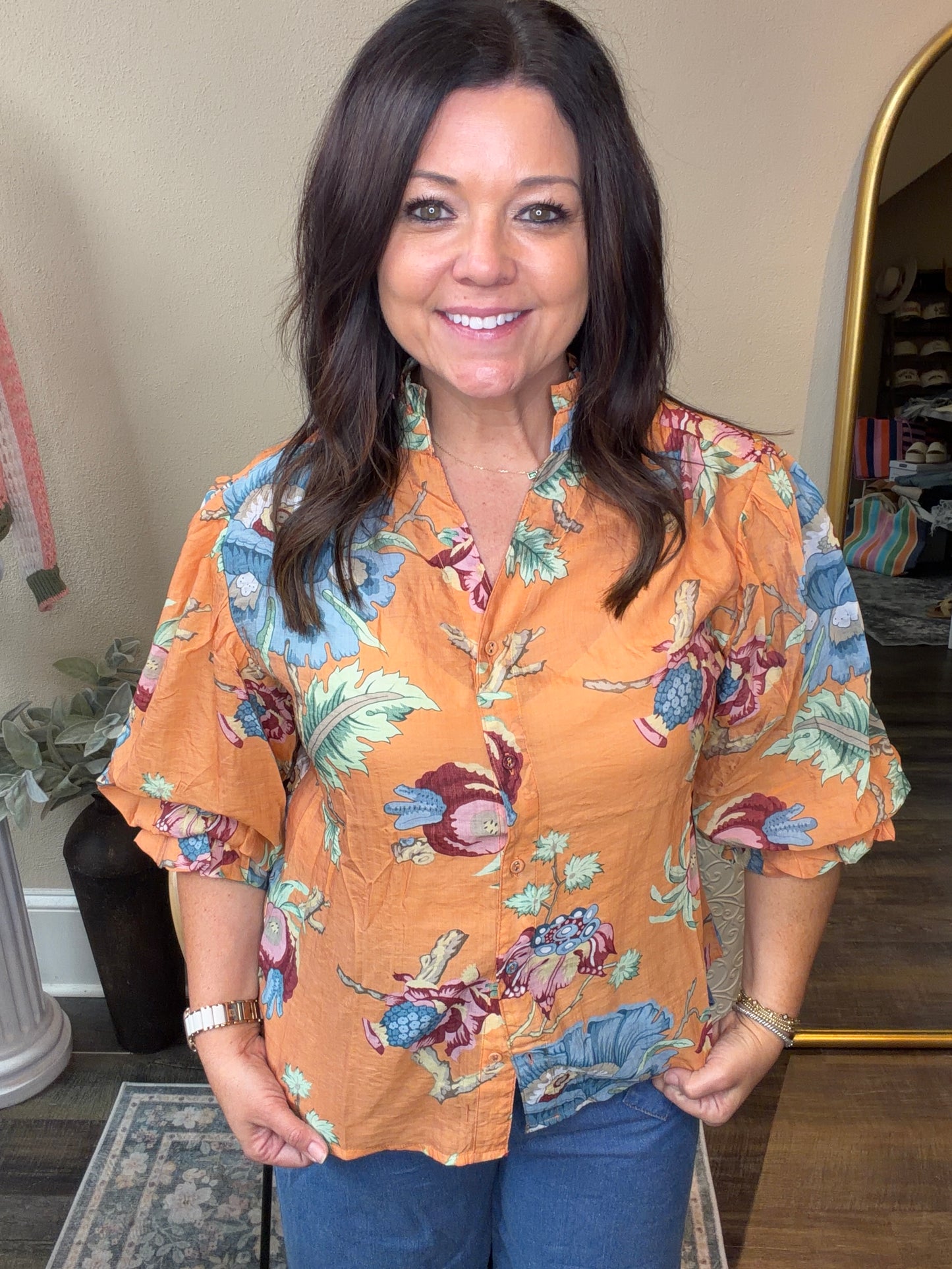 Floral Balloon Sleeve Button-Down Blouse