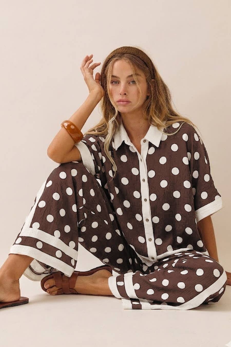 Polka Dot Print Collared Shirt And Wide Leg Pants Set: CHOCOLATE WHITE