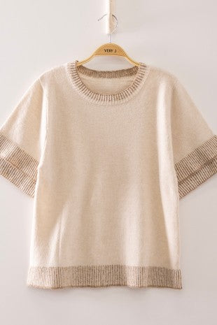 Ivory short sleeve knit top with taupe contrast ribbed neckline cuffs and hem