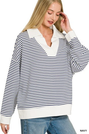 Striped Split Neck Collared Top