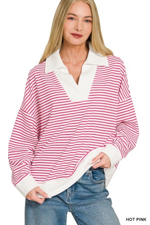 Striped Split Neck Collared Top
