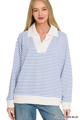 Striped Split Neck Collared Top