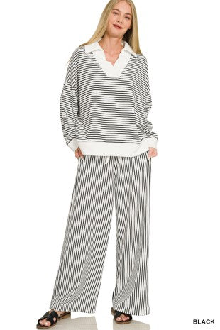 Striped Split Neck Collared Top & Pants Set