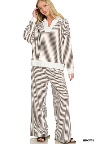Striped Split Neck Collared Top & Pants Set