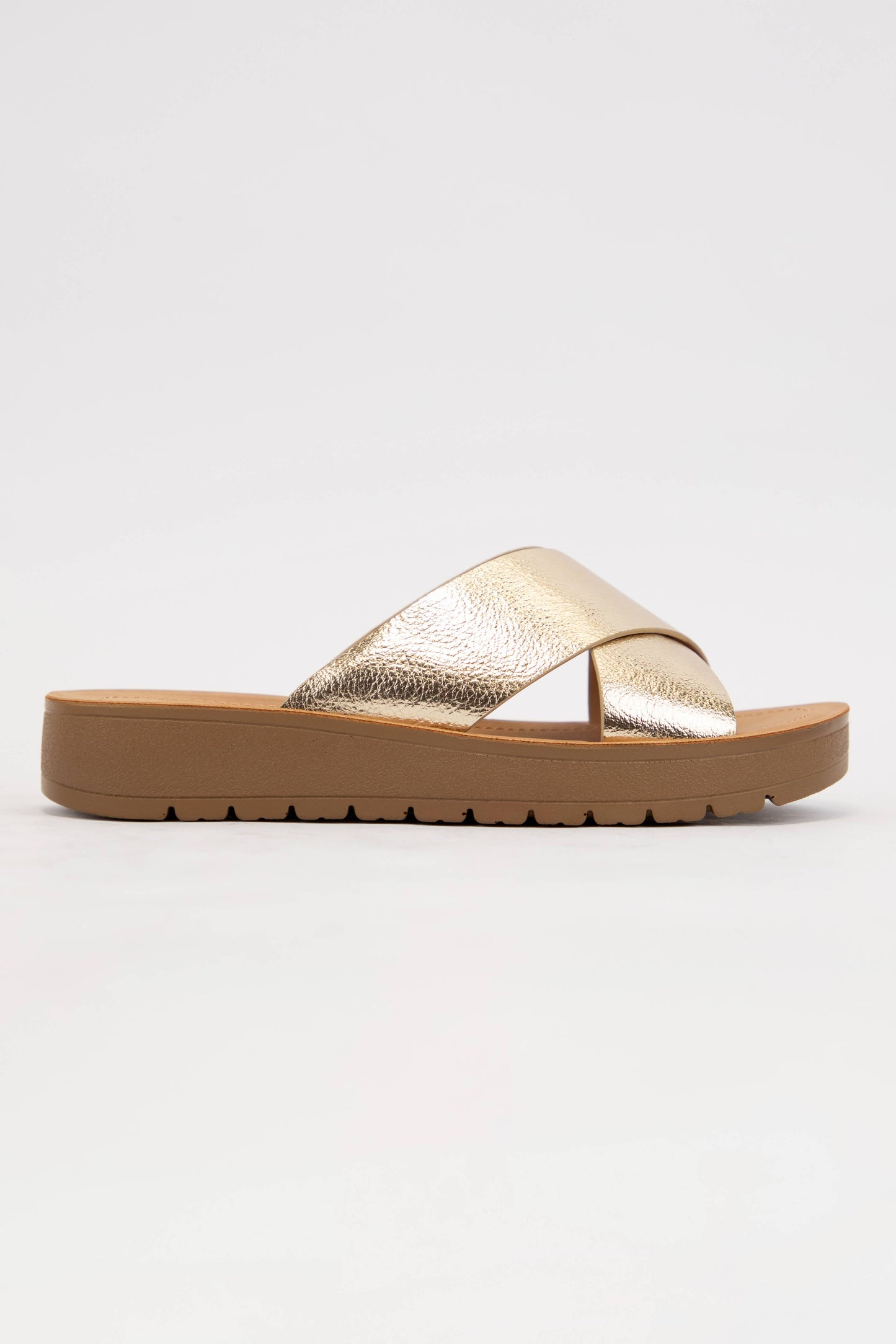 LUCY LIGHT-WEIGHT WEDGE PLATFORM CROSS STRAP SLIDE SANDAL: GOLD