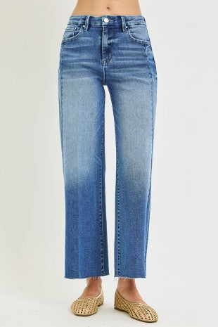 Front view of blue high-rise cropped wide-leg jeans with side seam detailing