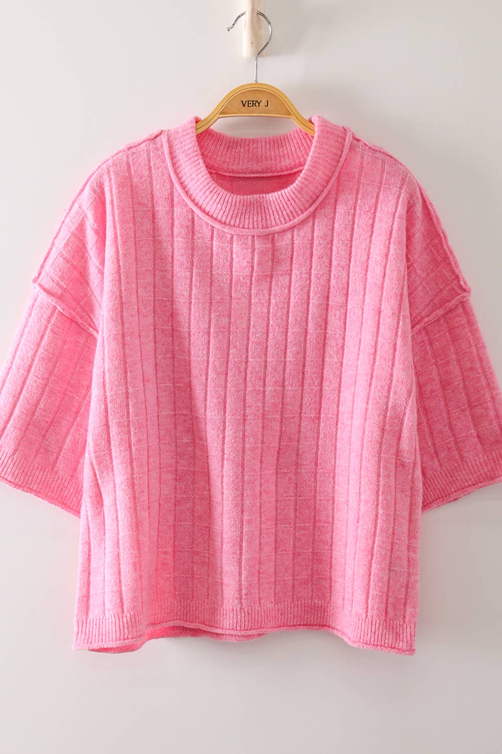 Cropped Length Ribbed Knit Sweater: PINK