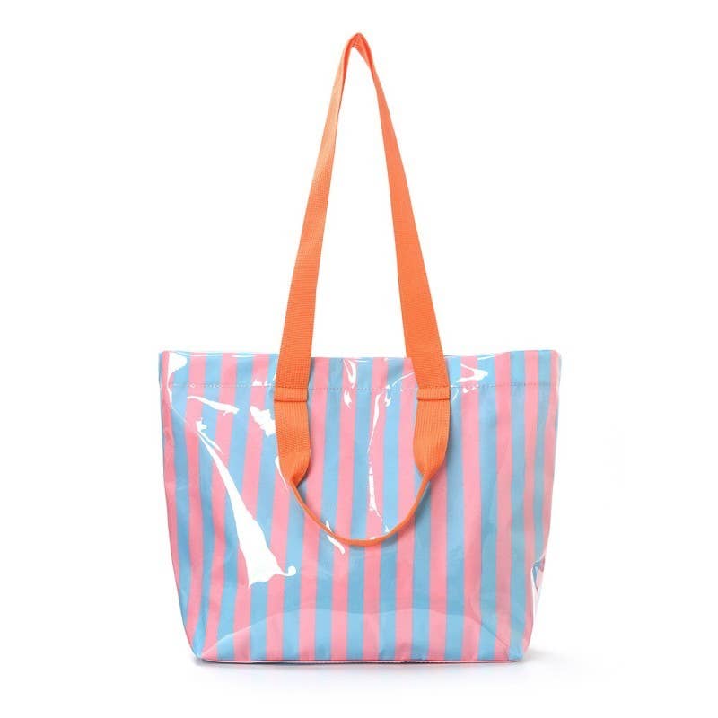 Large Striped Vinyl Tote Bags with Shoulder Strap: Fuchsia Orange