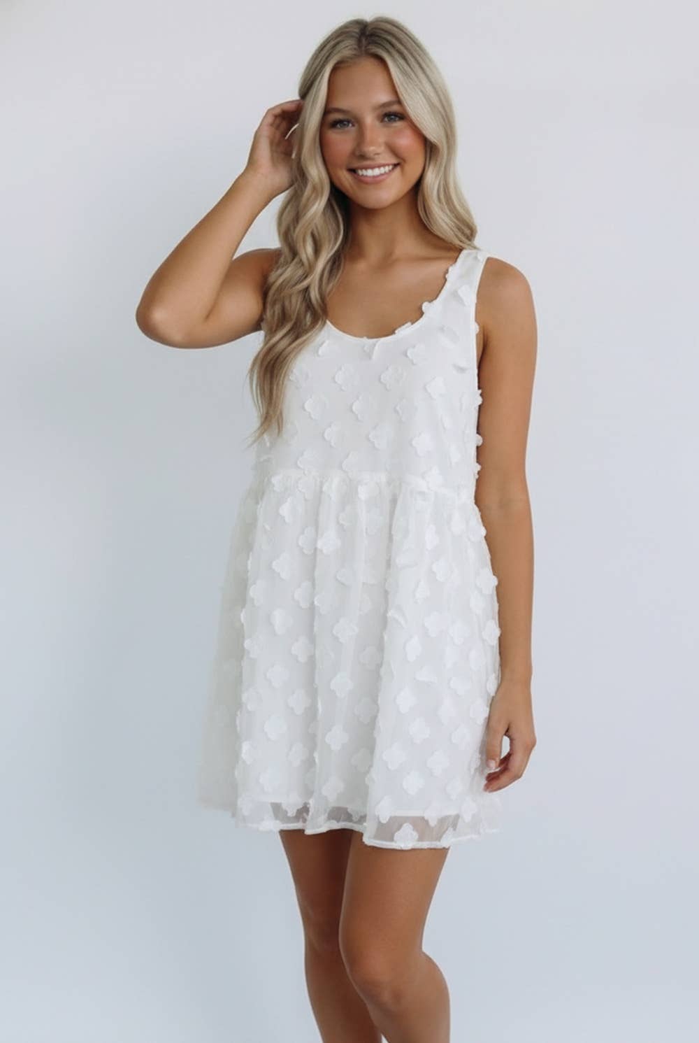ROUND NECK FLOWER APPLIQUE BABYDOLL DRESS: IVORY